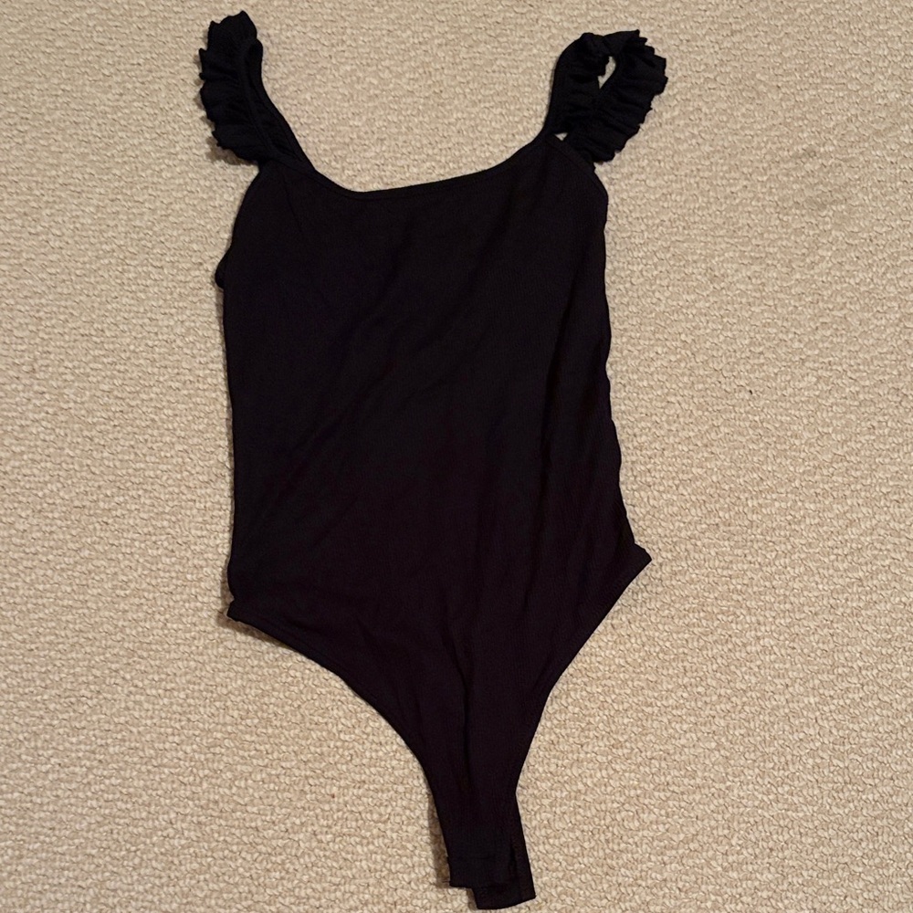 Black Ruffled Strap Body Suit